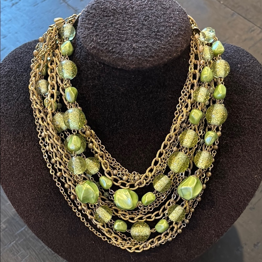 Vintage 14 Multi Strand Green Beaded Costume Necklace 1950's Goldtone Spring​